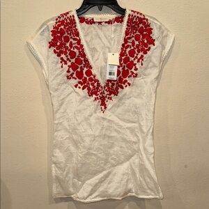 NWT Tory Burch bikini swimsuit cover up dress Issy tunic size XS ivory red paper